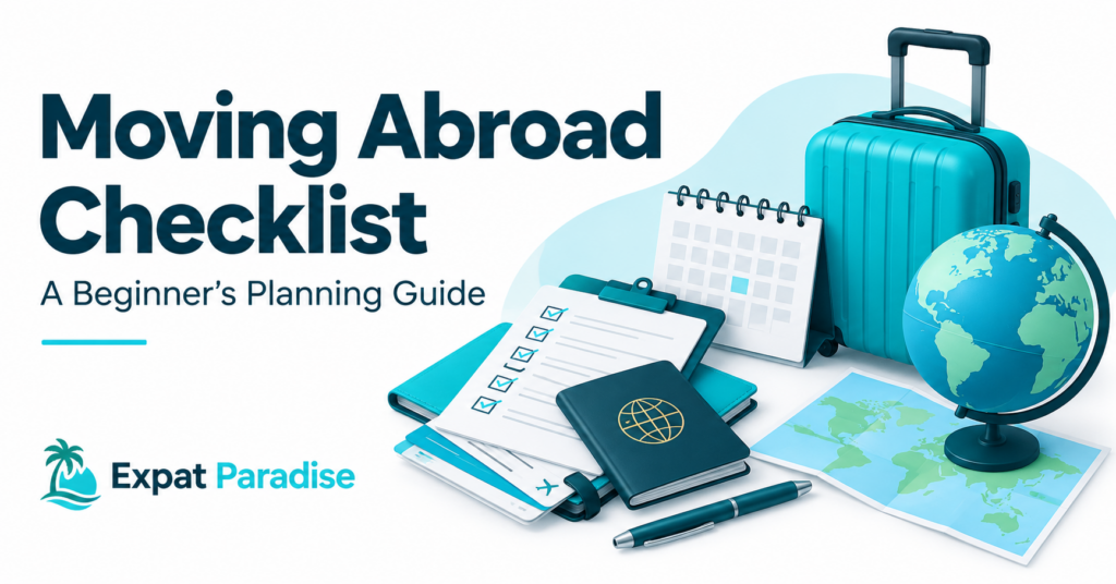 Moving abroad planning illustration with luggage, calendar, document checklist and globe